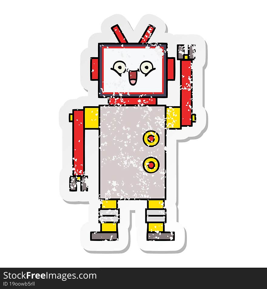 Distressed Sticker Of A Cute Cartoon Happy Robot