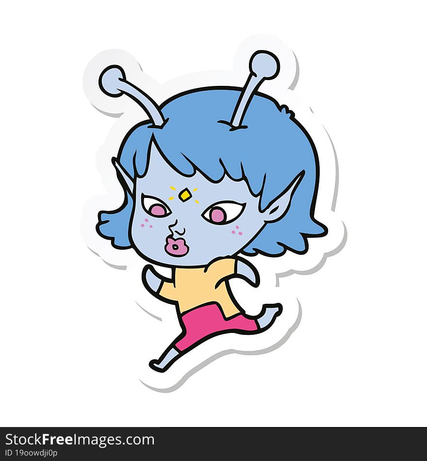 sticker of a pretty cartoon alien girl running