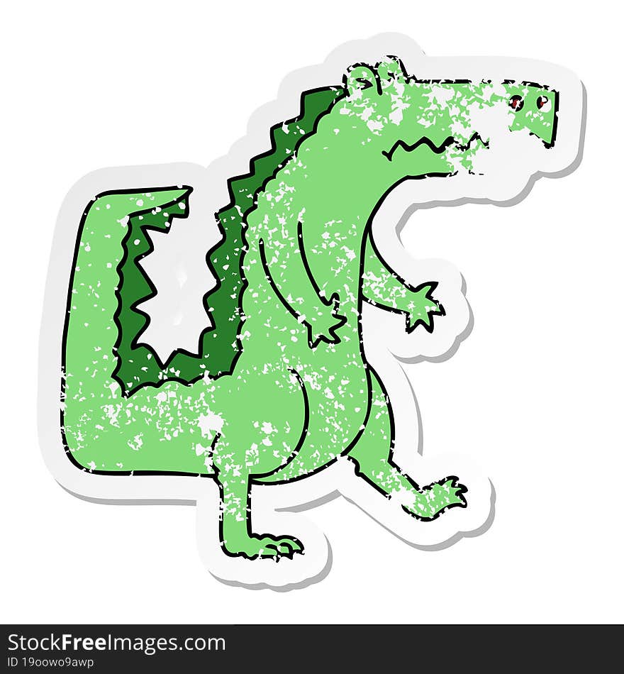 distressed sticker of a quirky hand drawn cartoon crocodile