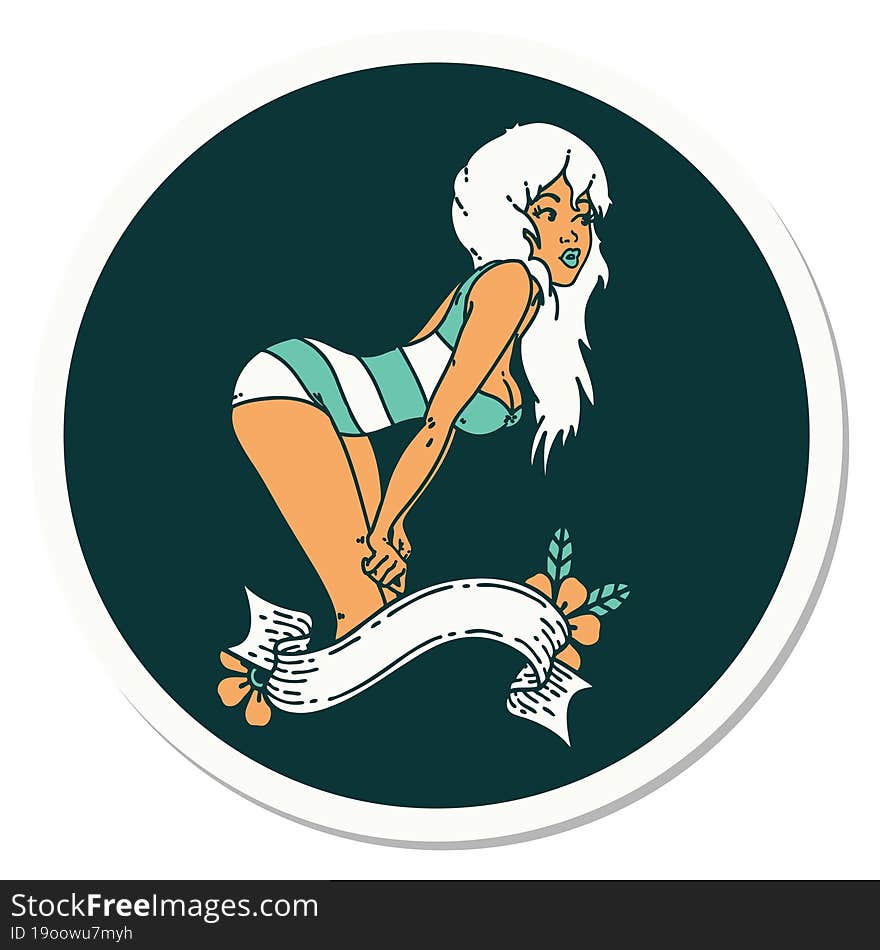 tattoo style sticker of a pinup girl in swimming costume with banner