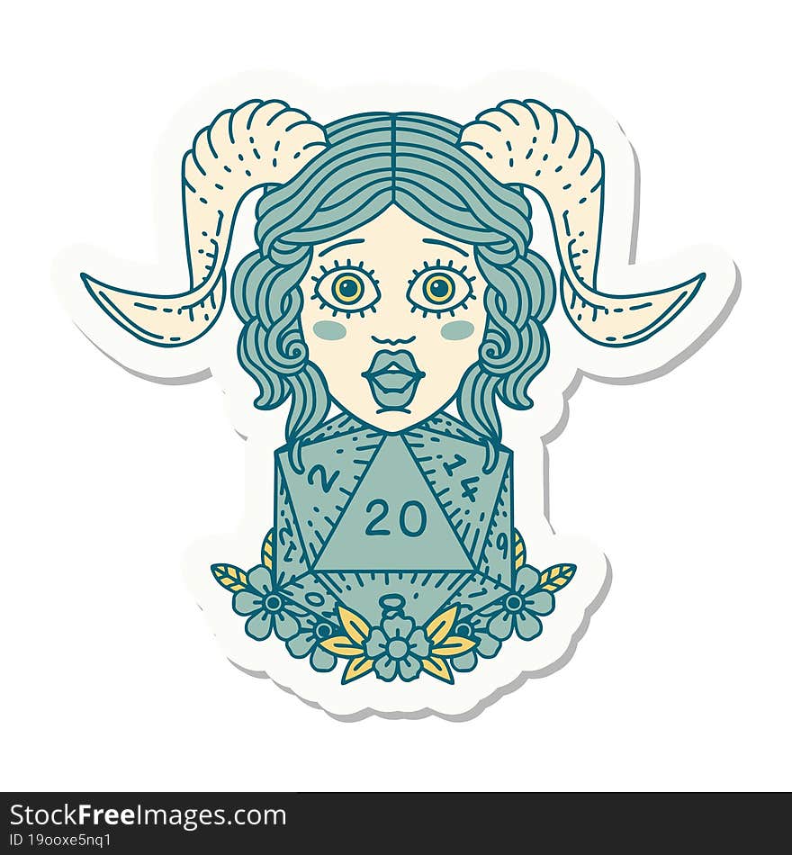 tiefling with D20 natural twenty dice roll sticker