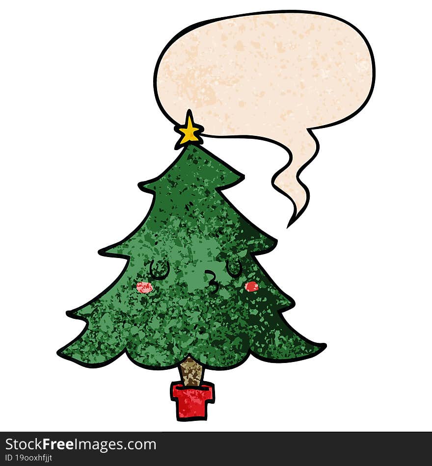 cute cartoon christmas tree and speech bubble in retro texture style