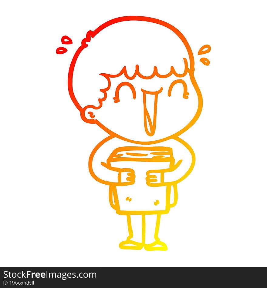 warm gradient line drawing laughing cartoon man holding book