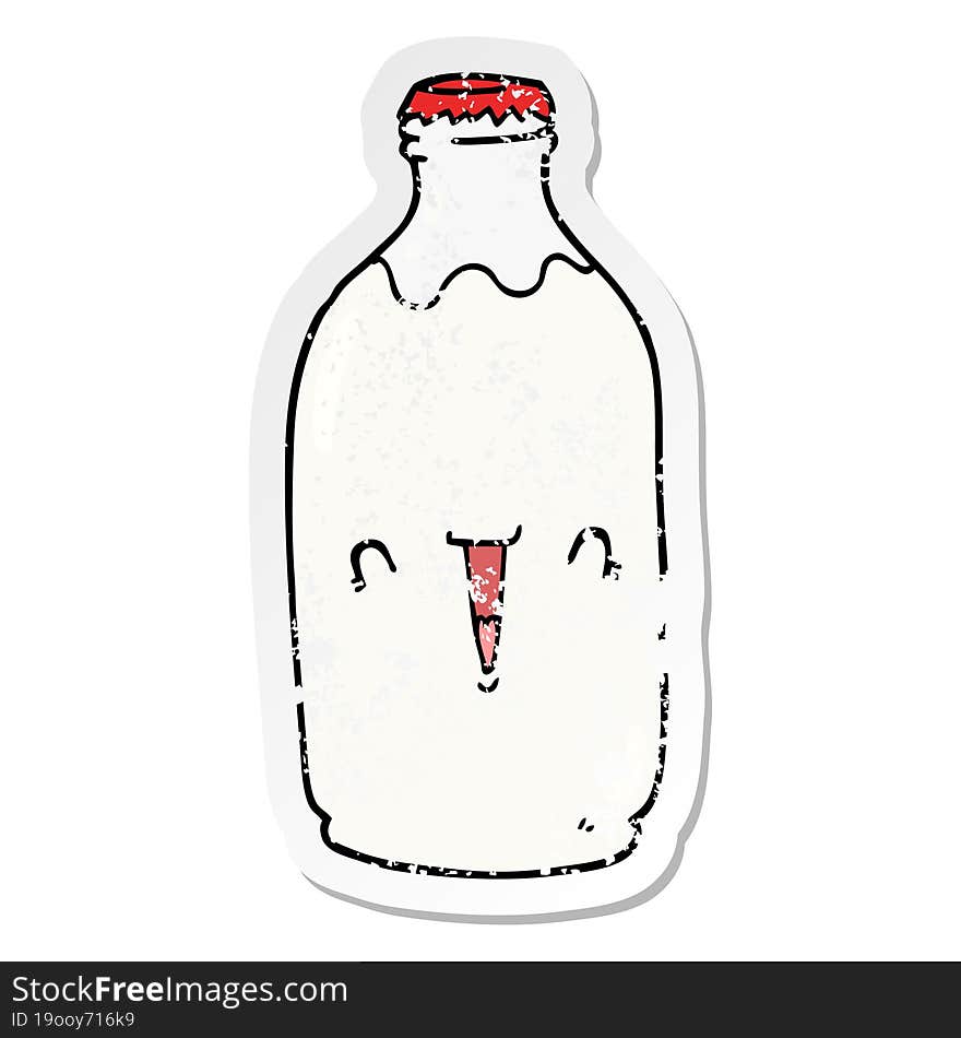 distressed sticker of a cute cartoon milk bottle