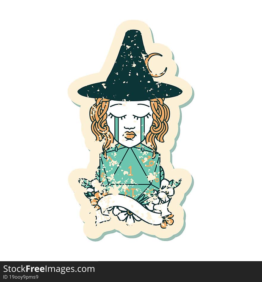 Retro Tattoo Style human witch with natural one D20 roll. Retro Tattoo Style human witch with natural one D20 roll