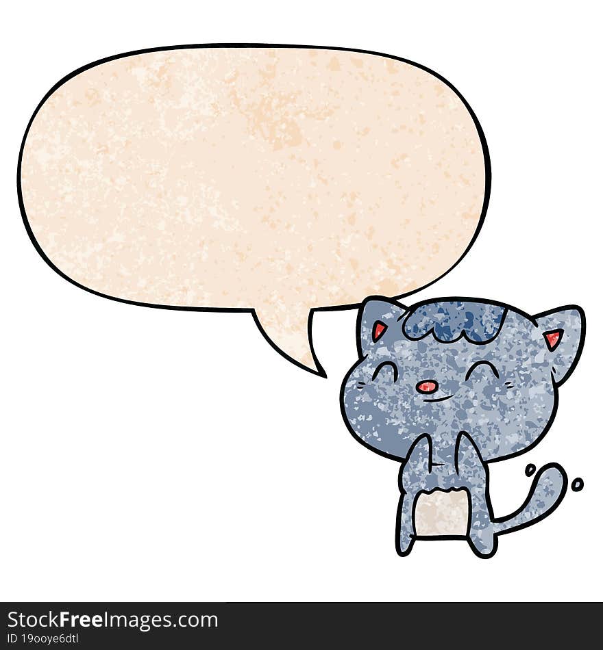 cute cartoon happy little cat and speech bubble in retro texture style