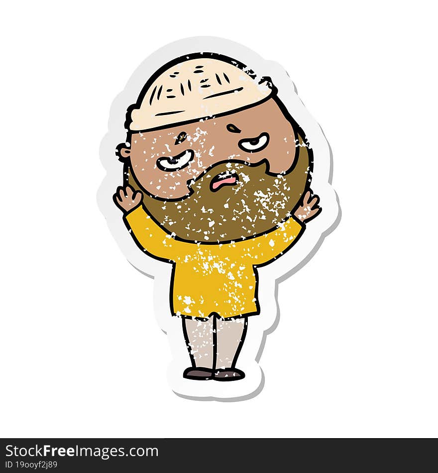 distressed sticker of a cartoon worried man with beard