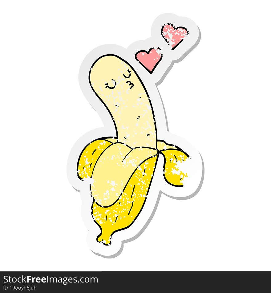 distressed sticker of a cartoon banana in love