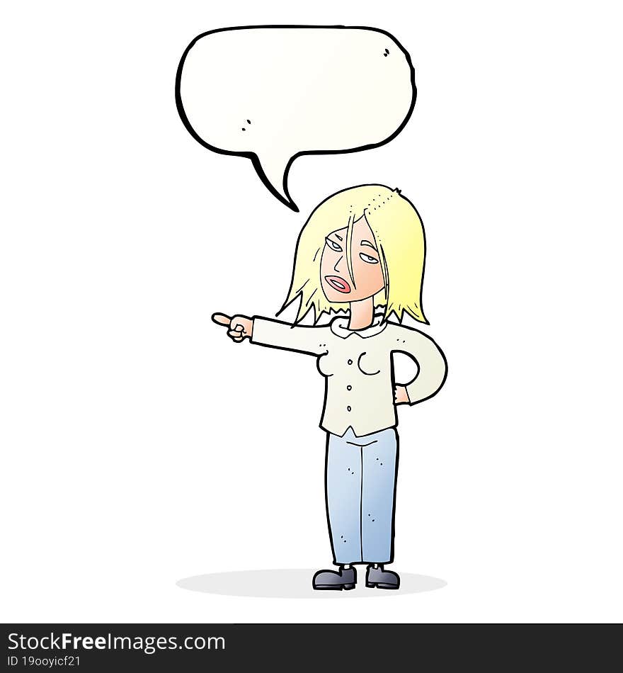 cartoon woman pointing with speech bubble