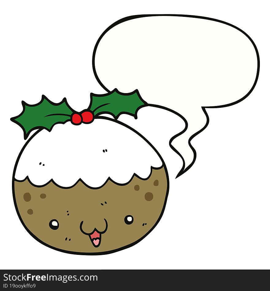 cute cartoon christmas pudding and speech bubble