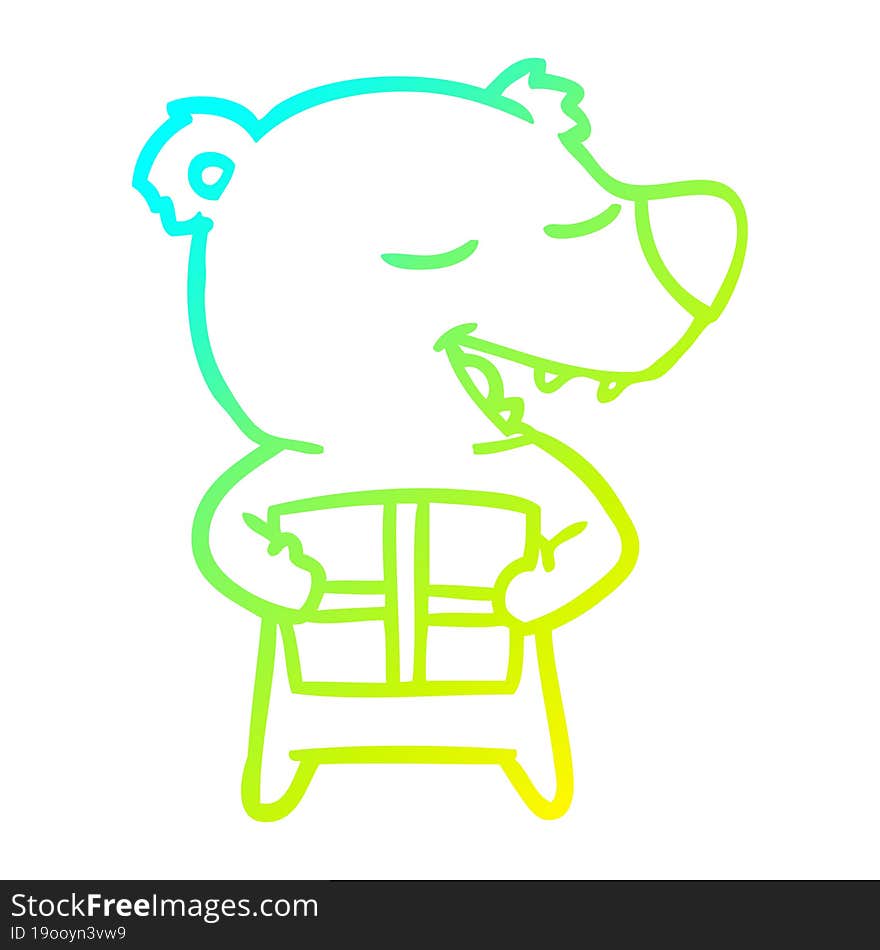 cold gradient line drawing cartoon polar bear with present