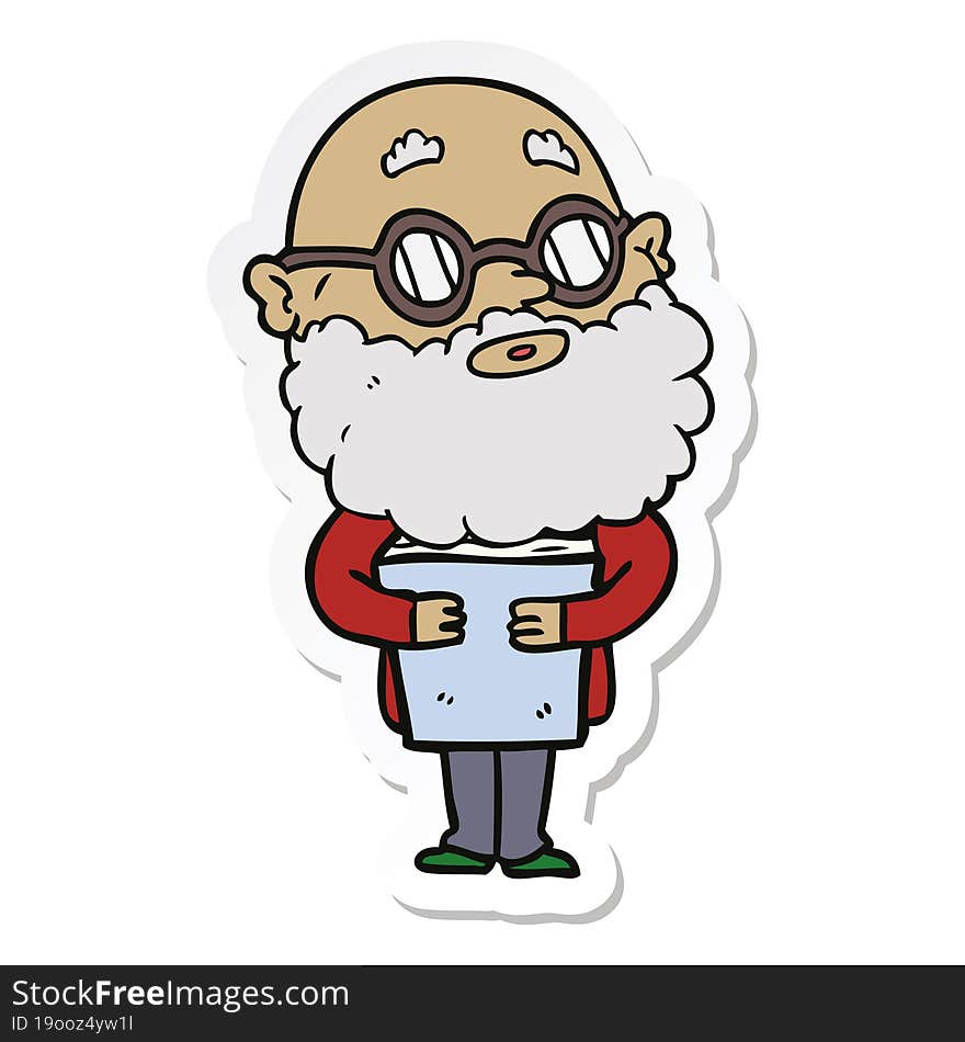 sticker of a cartoon curious man with beard and glasses