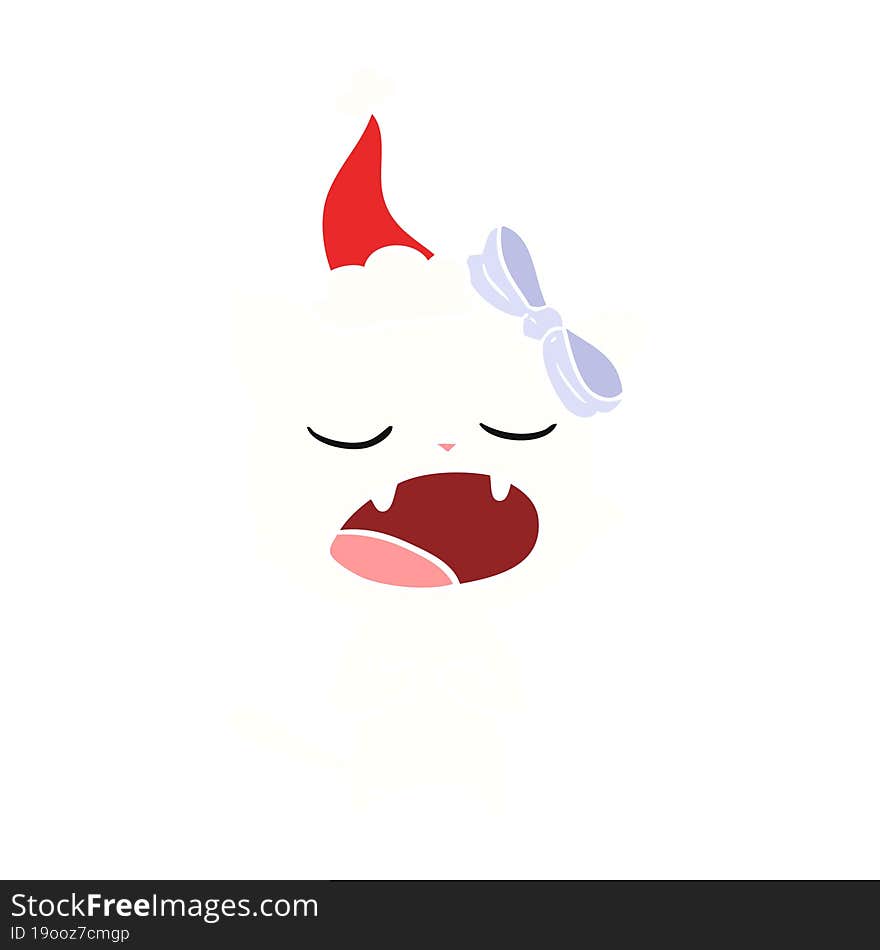 flat color illustration of a cat meowing wearing santa hat