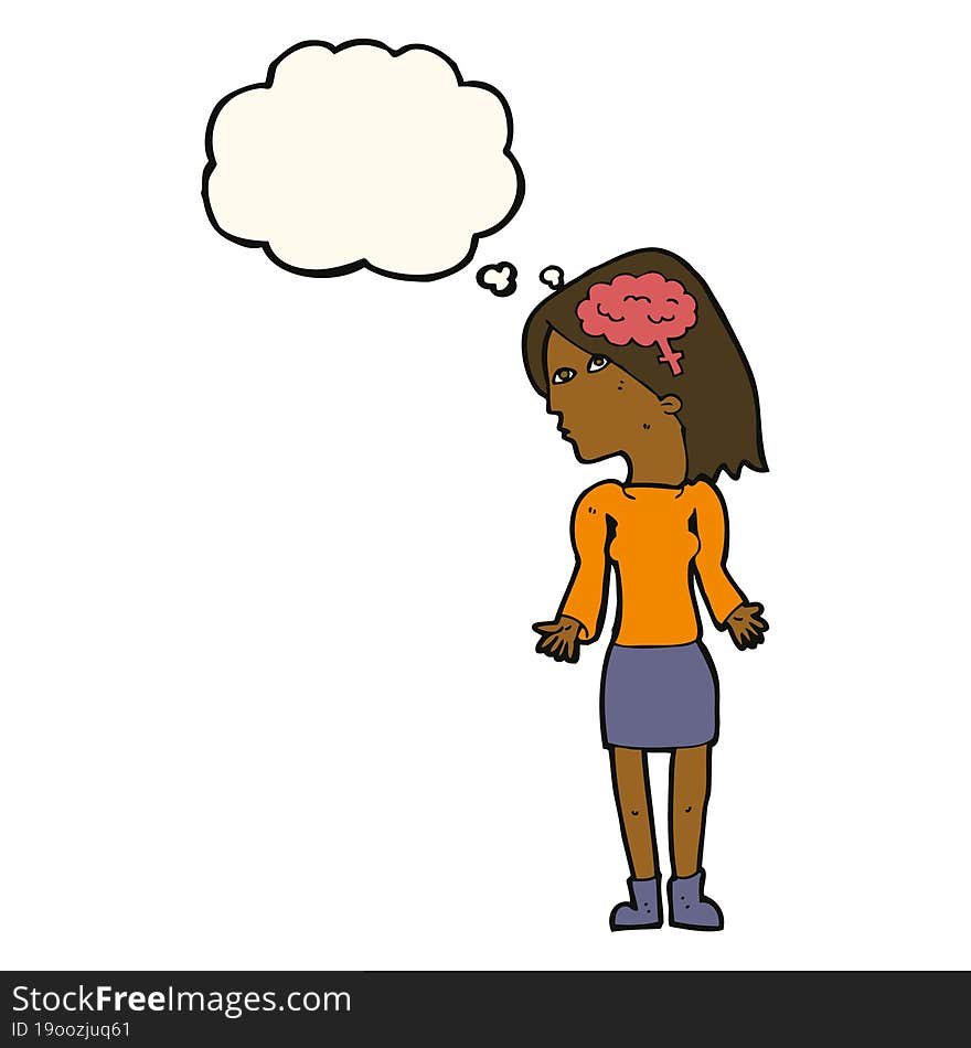 cartoon clever woman shrugging shoulders with thought bubble