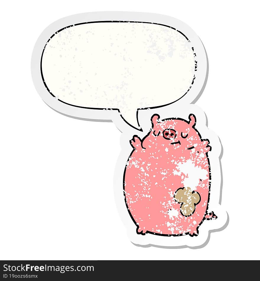 cartoon fat pig and speech bubble distressed sticker