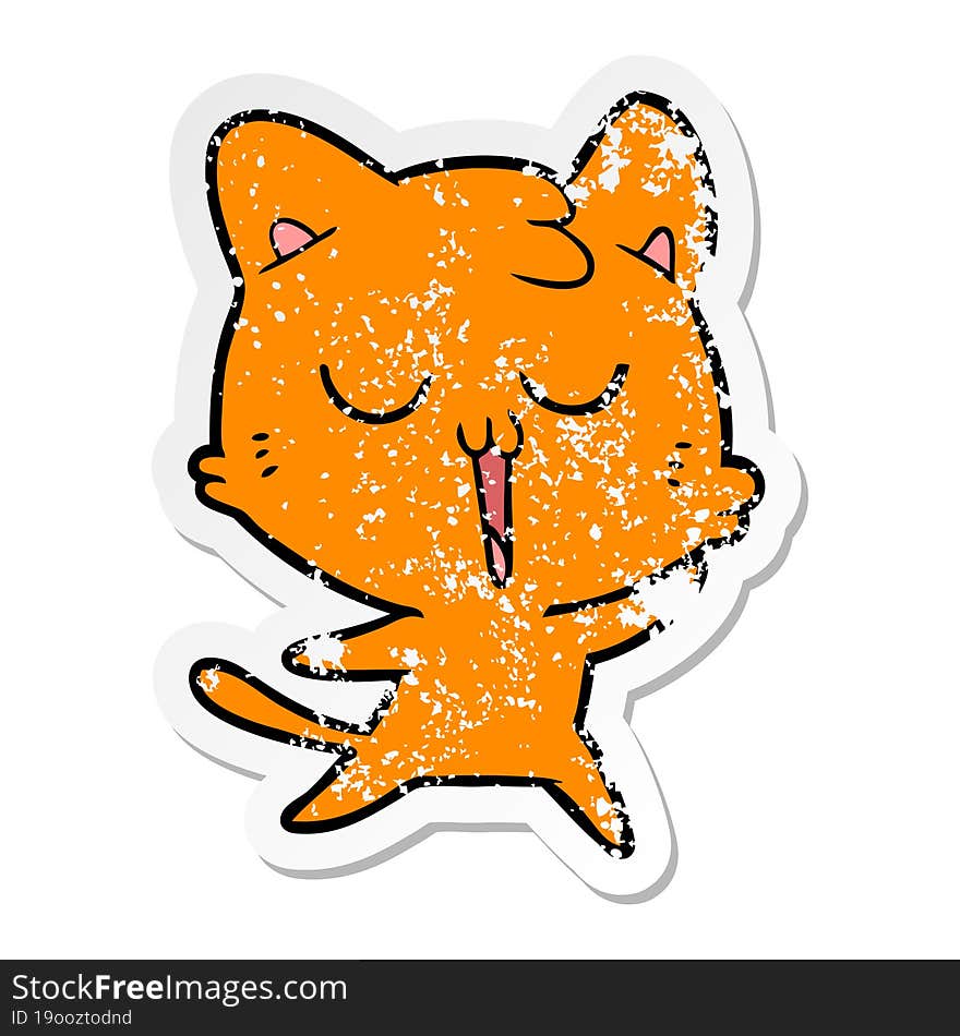 Distressed Sticker Of A Cartoon Cat Singing