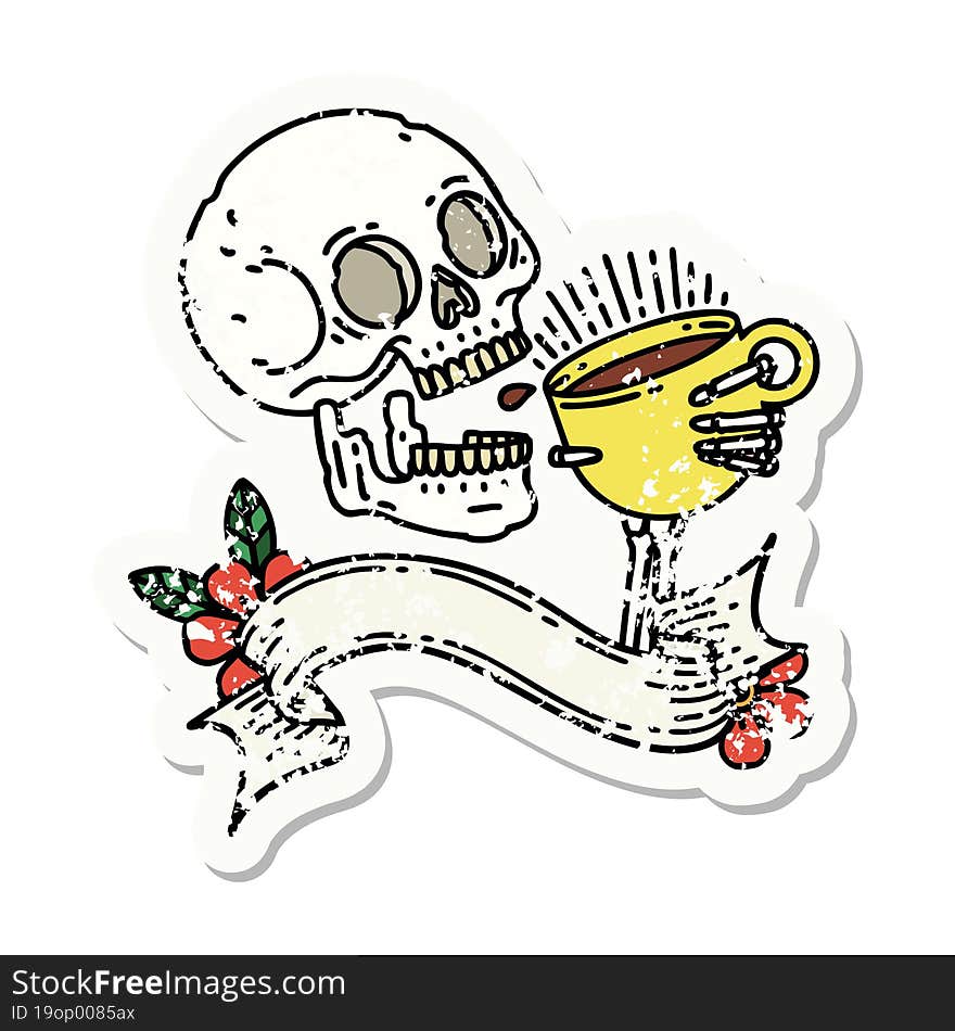 grunge sticker with banner of a skull drinking coffee