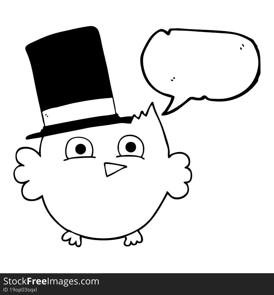 speech bubble cartoon little owl with top hat