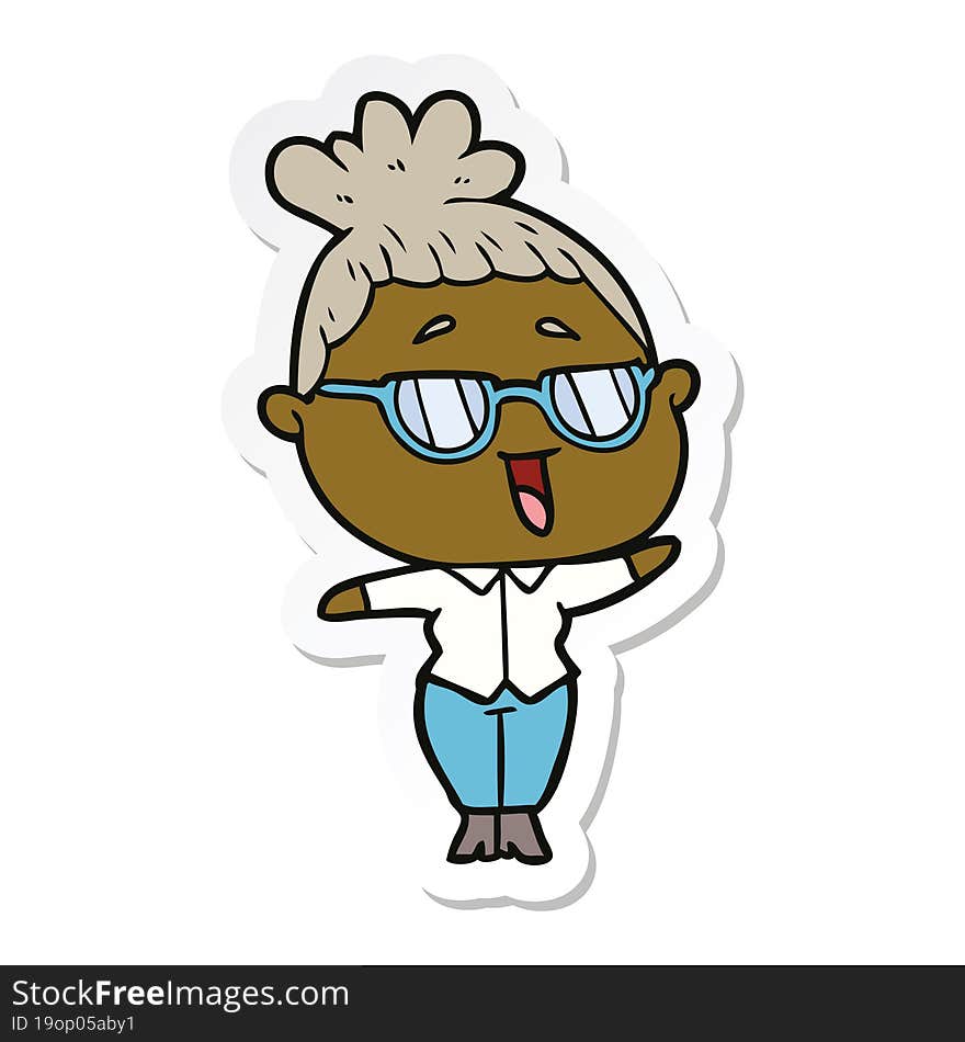 sticker of a cartoon happy woman wearing spectacles