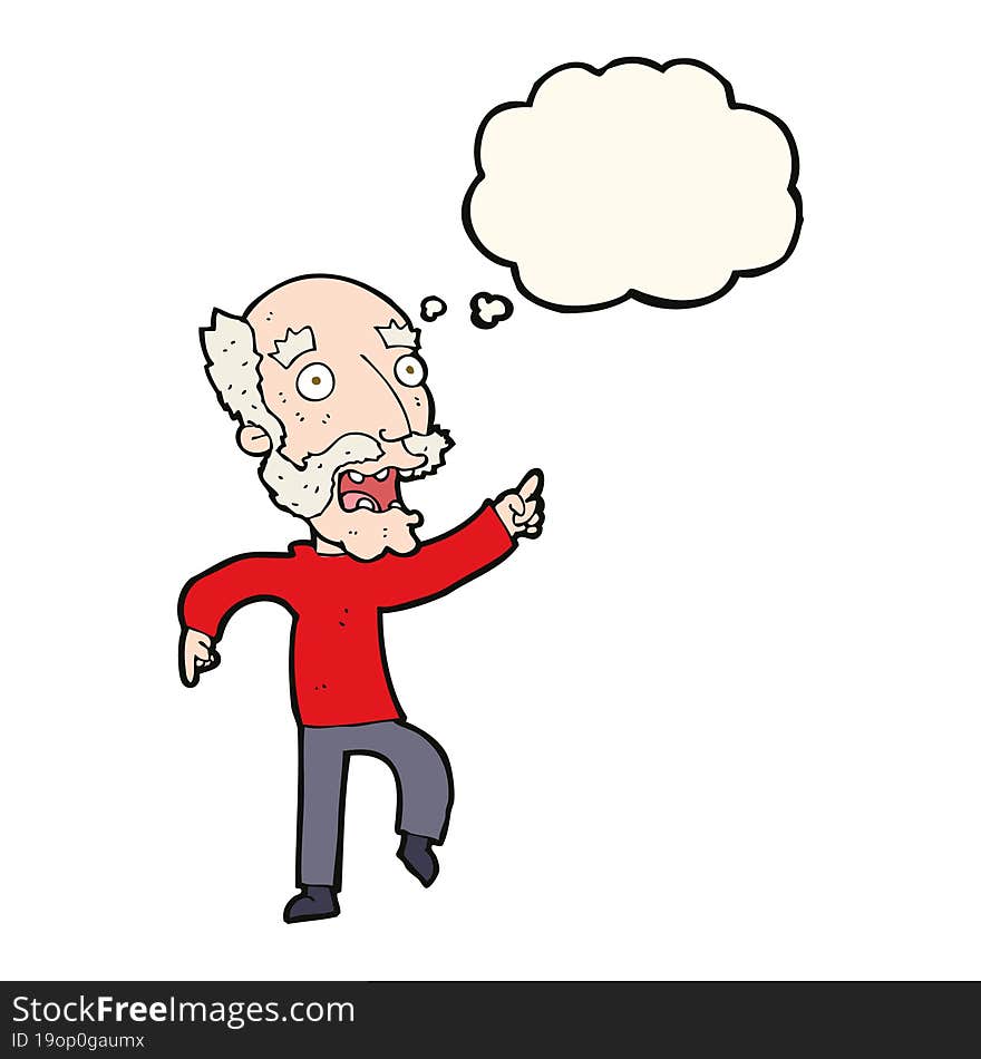 cartoon frightened old man with thought bubble