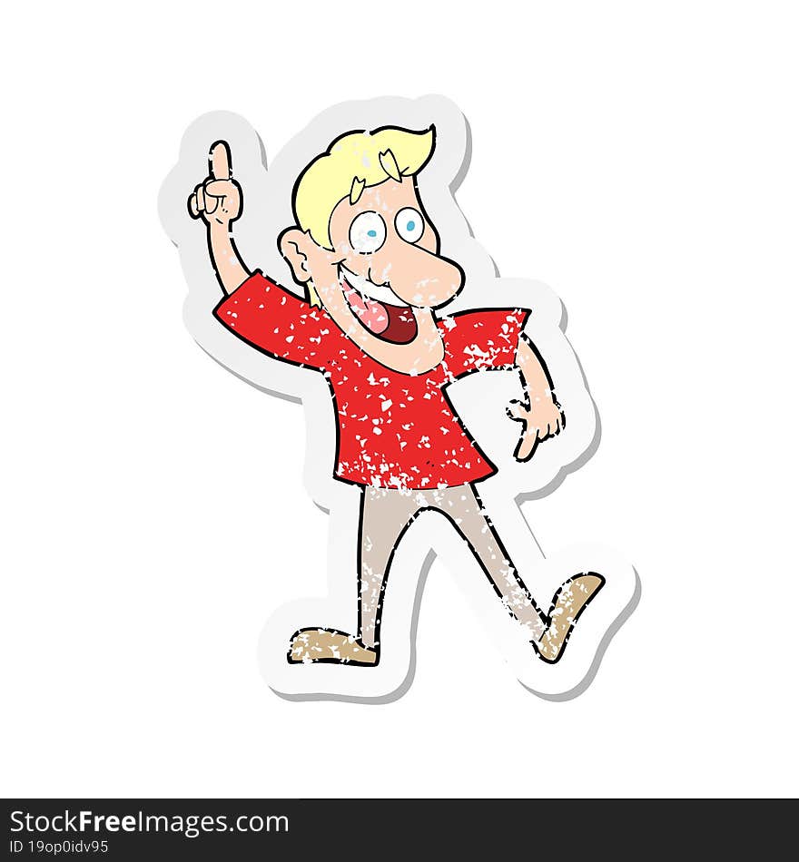 retro distressed sticker of a cartoon man with great idea