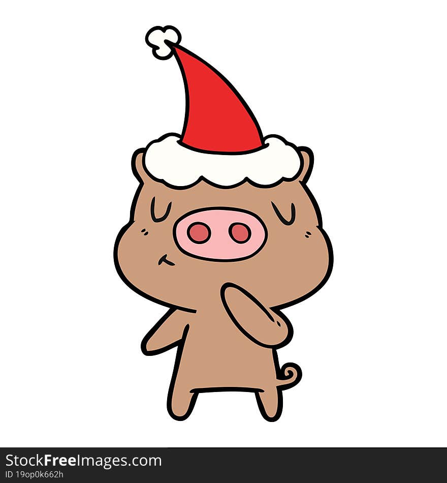 line drawing of a content pig wearing santa hat