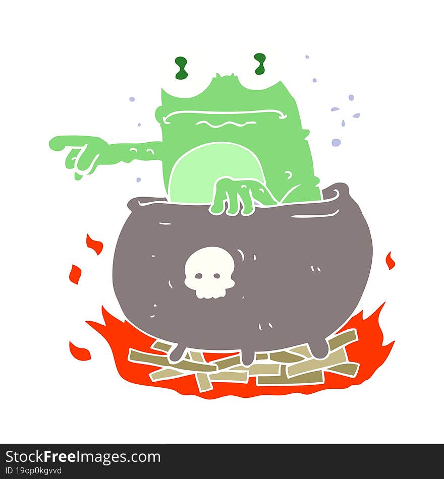 flat color illustration of a cartoon halloween toad in cauldron