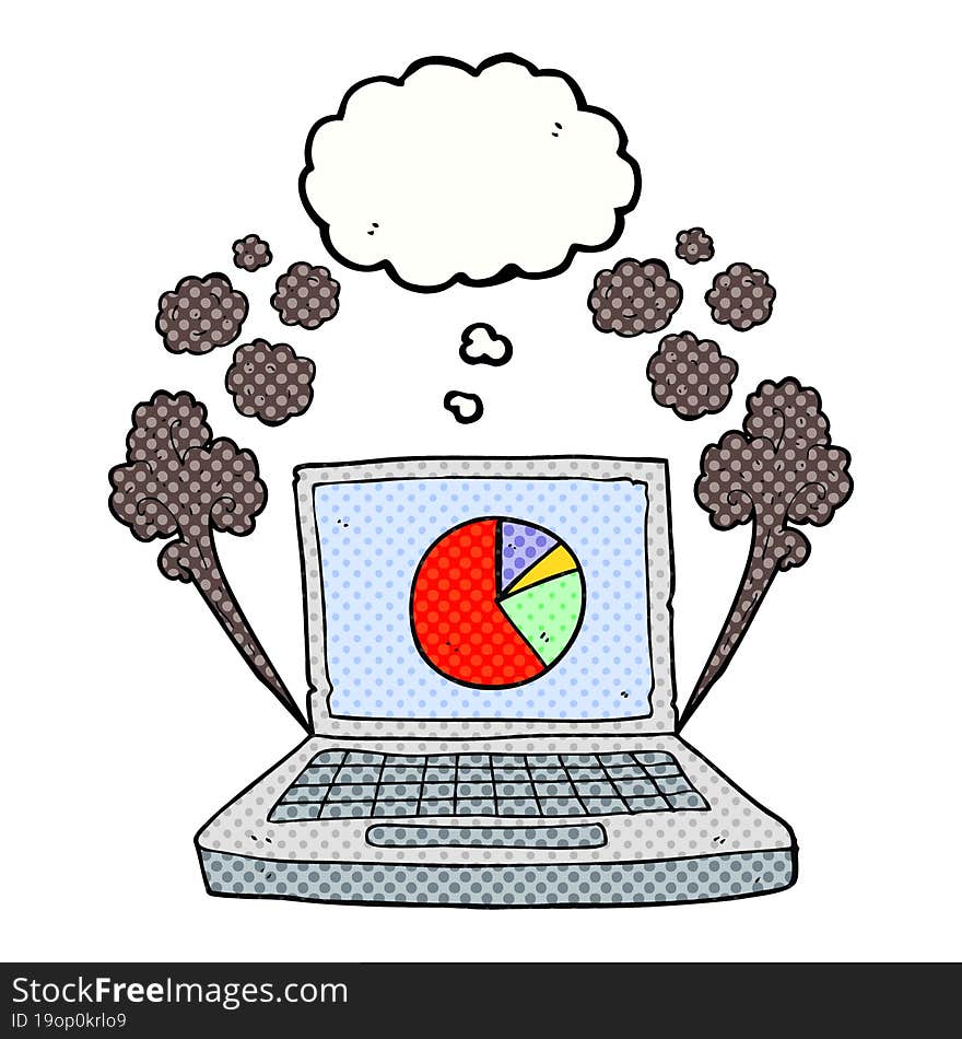 freehand drawn thought bubble cartoon laptop computer with pie chart