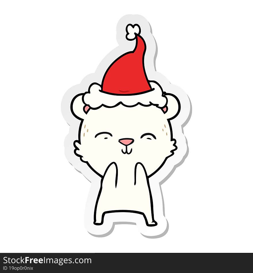 happy sticker cartoon of a polar bear wearing santa hat