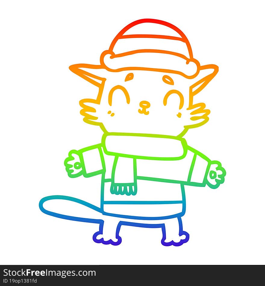 rainbow gradient line drawing cartoon cat in winter clothes