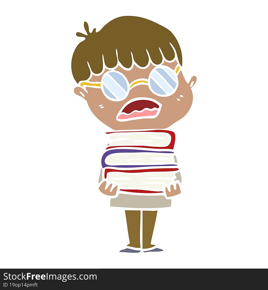 flat color style cartoon boy with books wearing spectacles