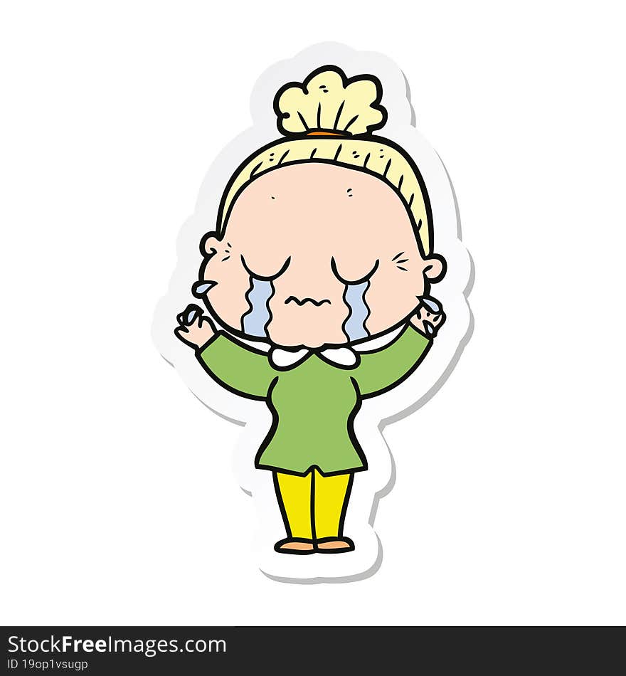 Sticker Of A Cartoon Crying Old Lady