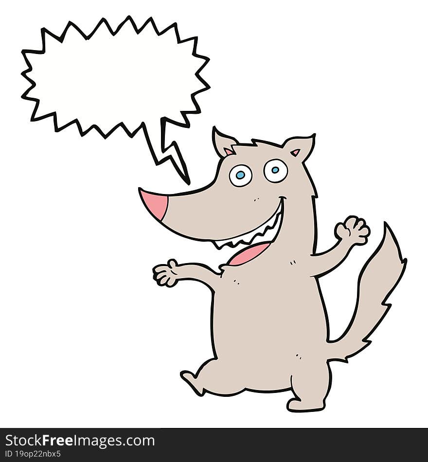 cartoon happy wolf with speech bubble