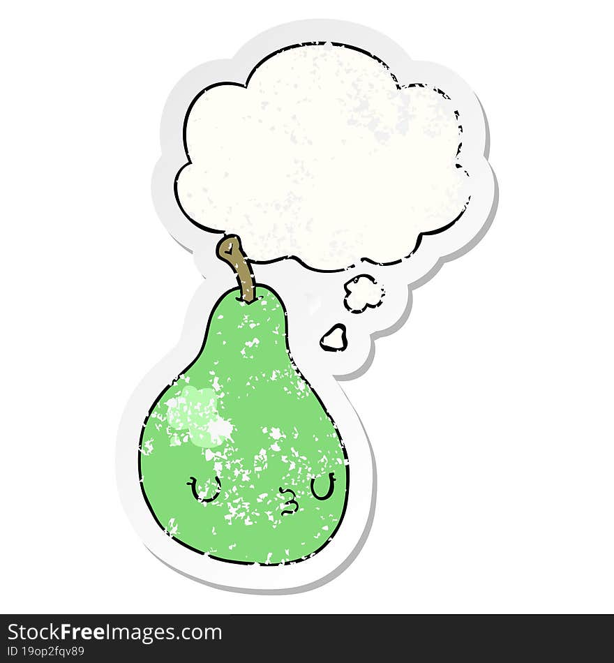 cartoon pear and thought bubble as a distressed worn sticker