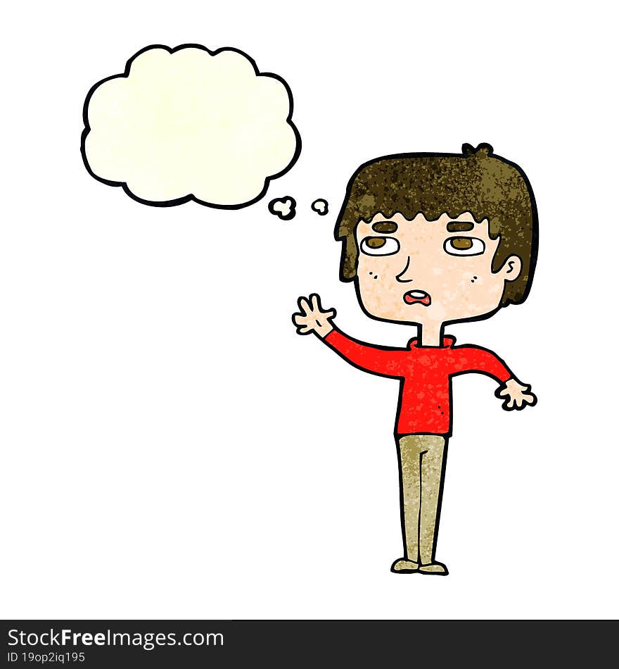 Cartoon Unhappy Boy Waving With Thought Bubble