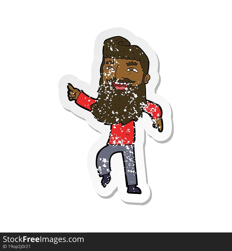 retro distressed sticker of a cartoon man with beard laughing and pointing