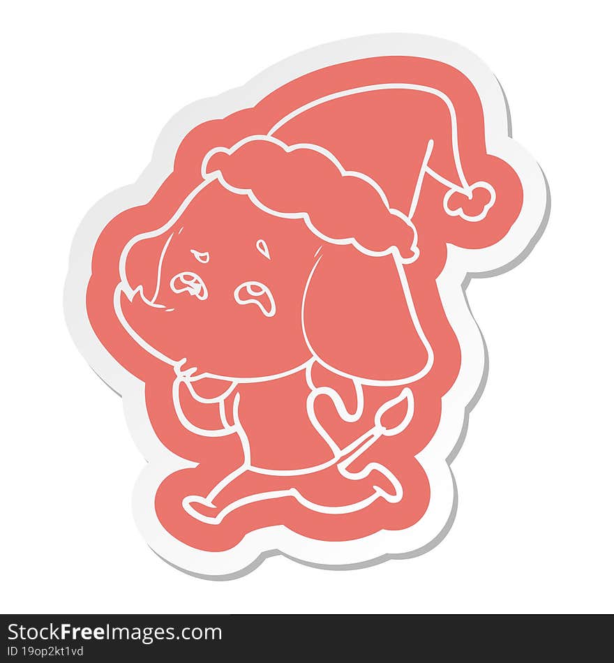 Cartoon  Sticker Of A Elephant Remembering Wearing Santa Hat