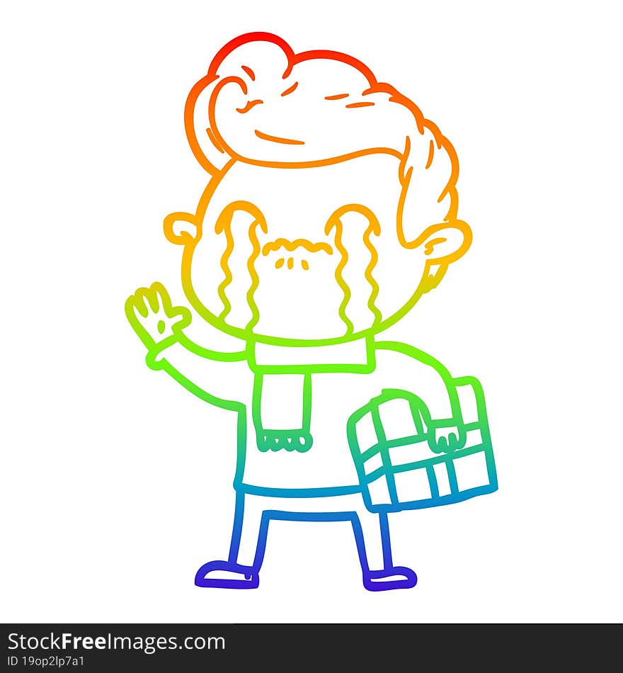 rainbow gradient line drawing of a cartoon man crying