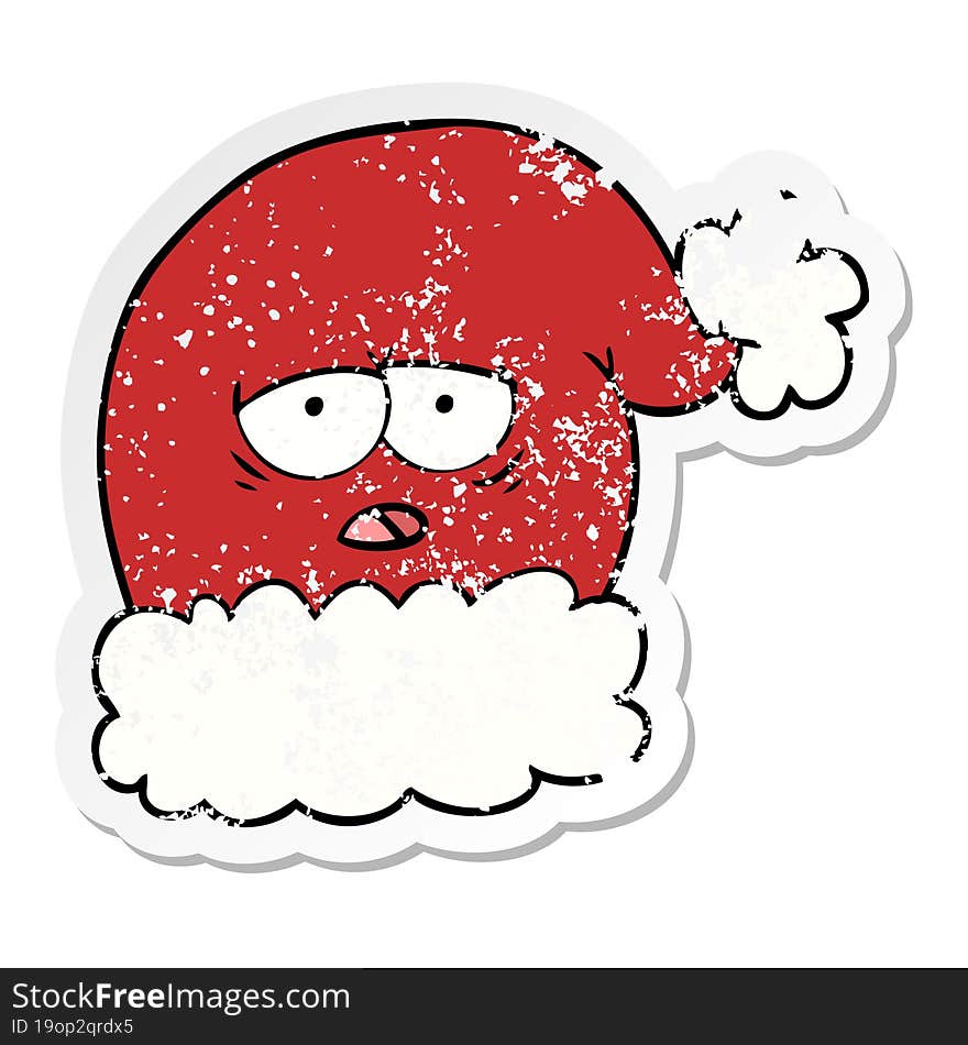 distressed sticker of a cartoon christmas santa hat with tired face