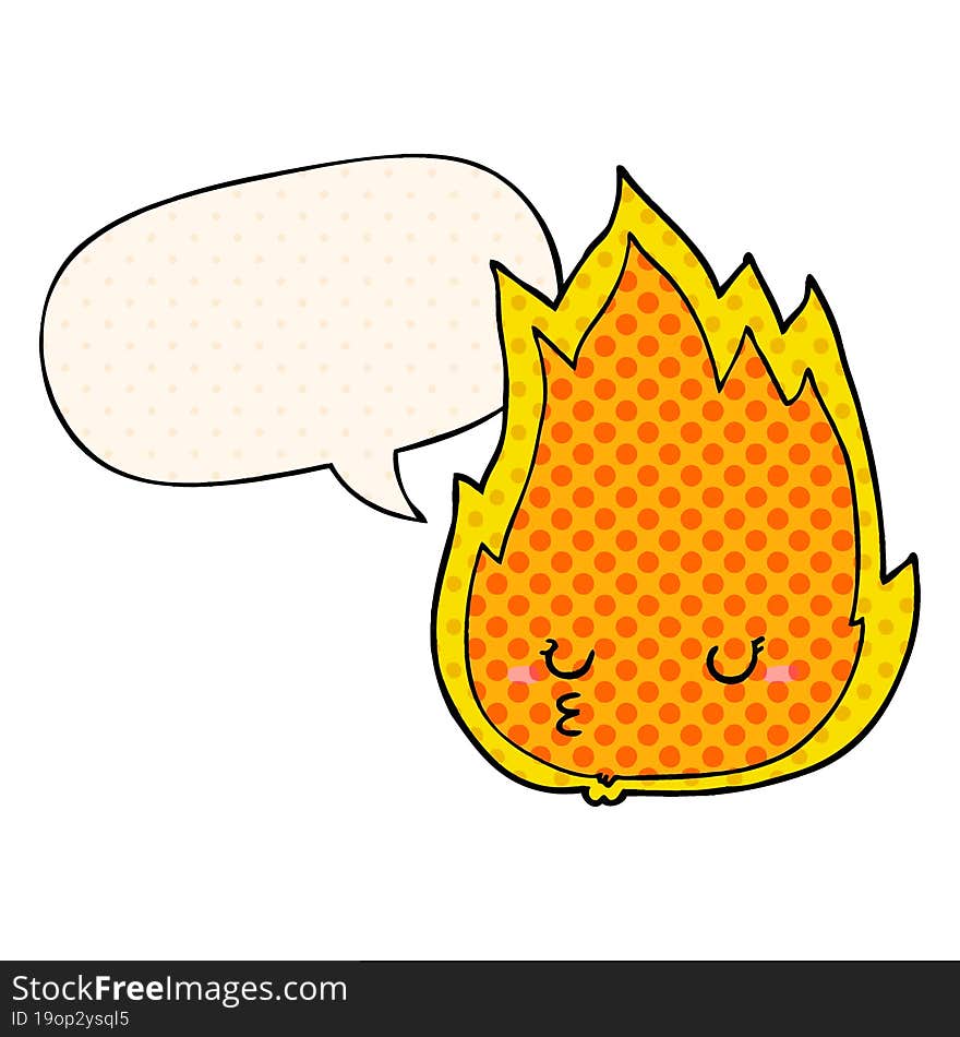 Cute Cartoon Fire And Speech Bubble In Comic Book Style