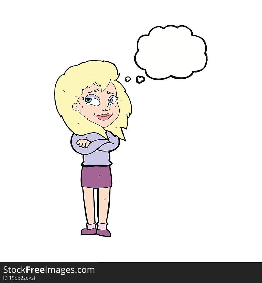 cartoon woman with crossed arms with thought bubble