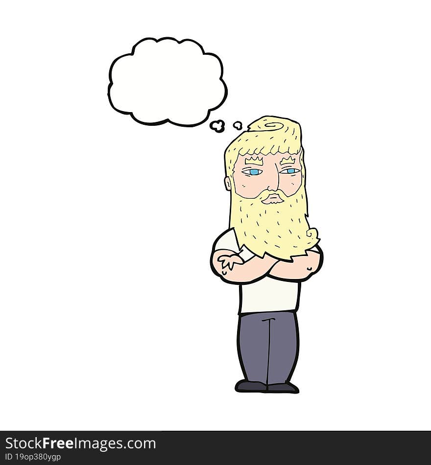 cartoon serious man with beard with thought bubble