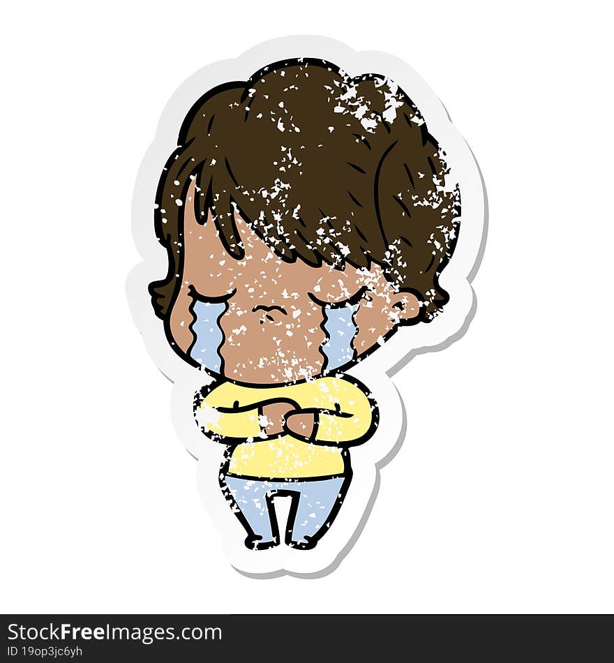 distressed sticker of a cartoon woman crying