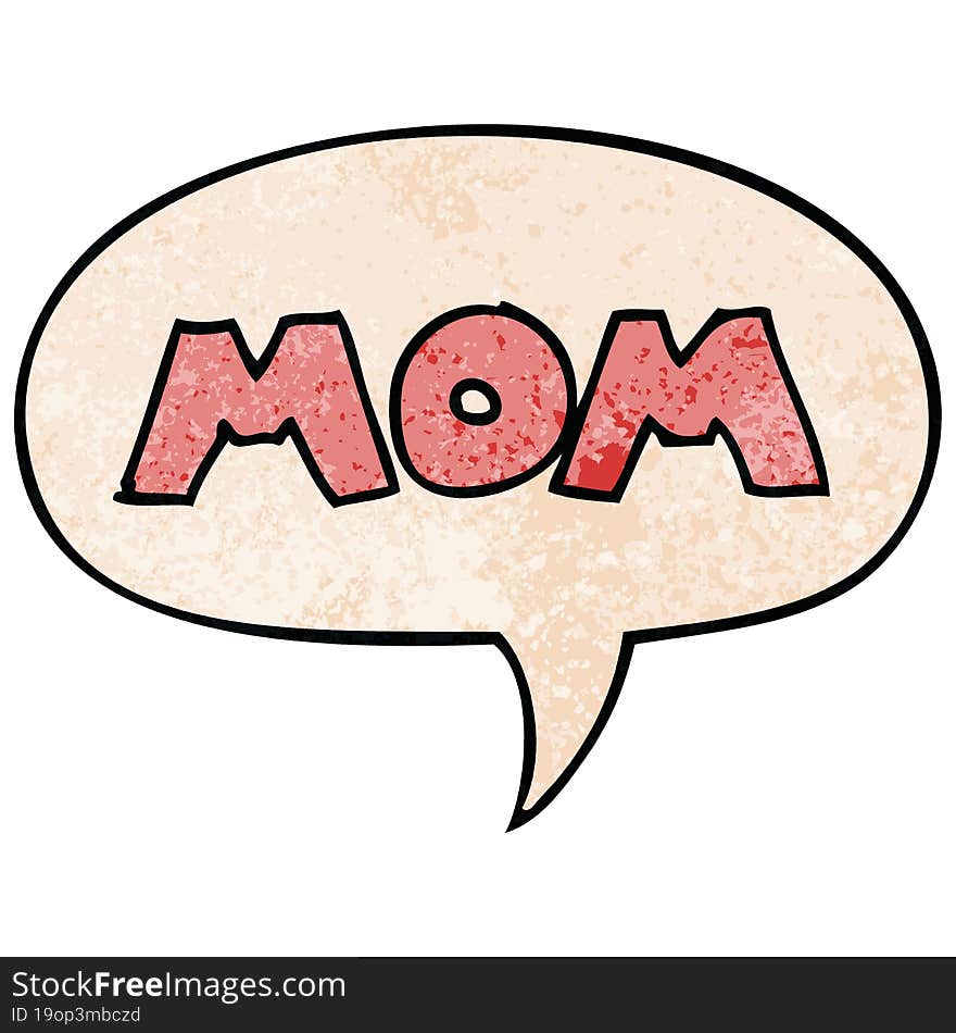 cartoon word mom and speech bubble in retro texture style