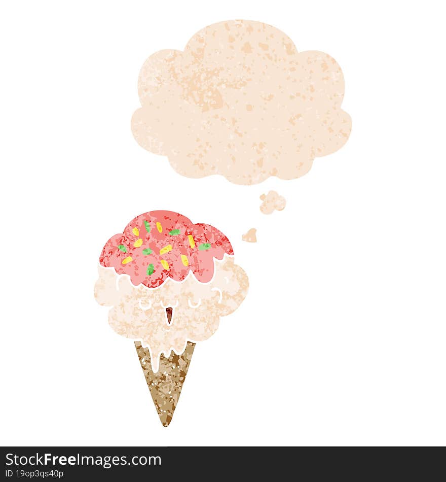 Cartoon Ice Cream And Thought Bubble In Retro Textured Style