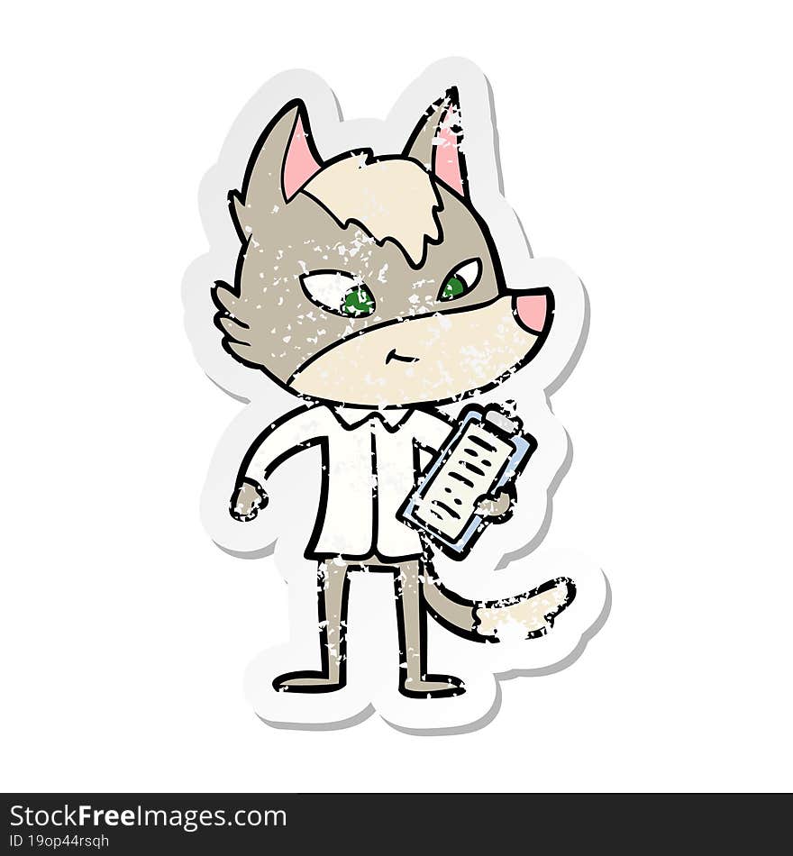 distressed sticker of a friendly cartoon wolf manager