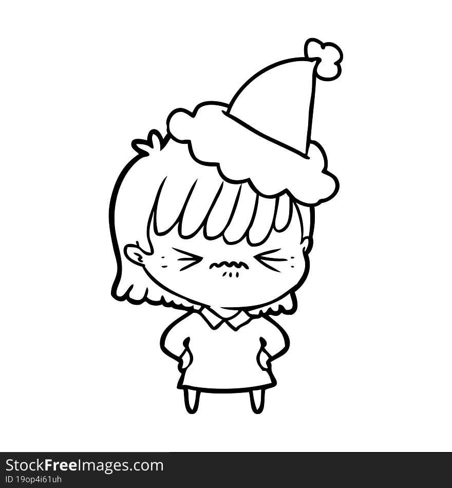 annoyed line drawing of a girl wearing santa hat