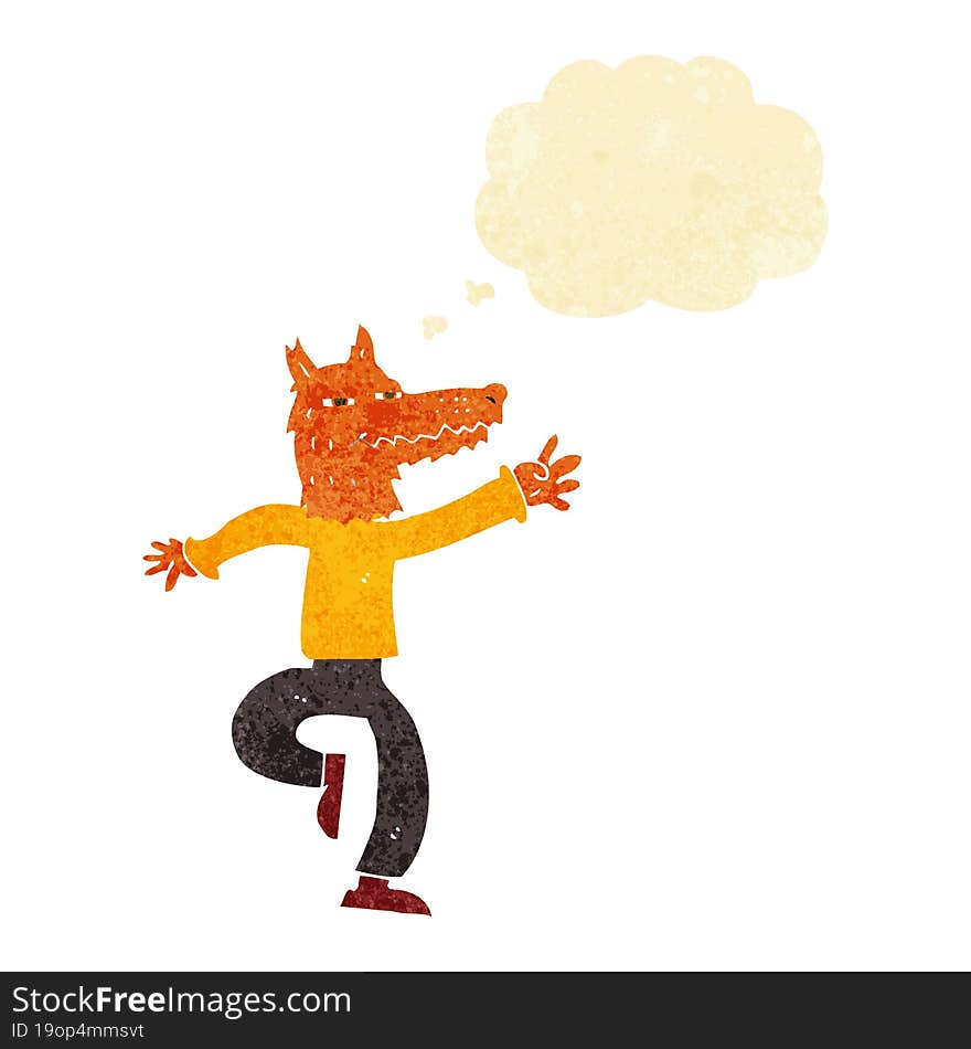 cartoon happy fox man with thought bubble