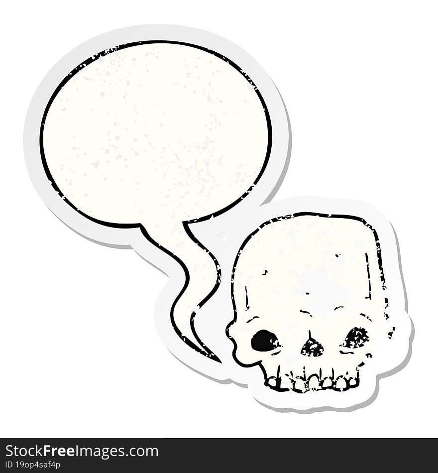 cartoon spooky skull and speech bubble distressed sticker