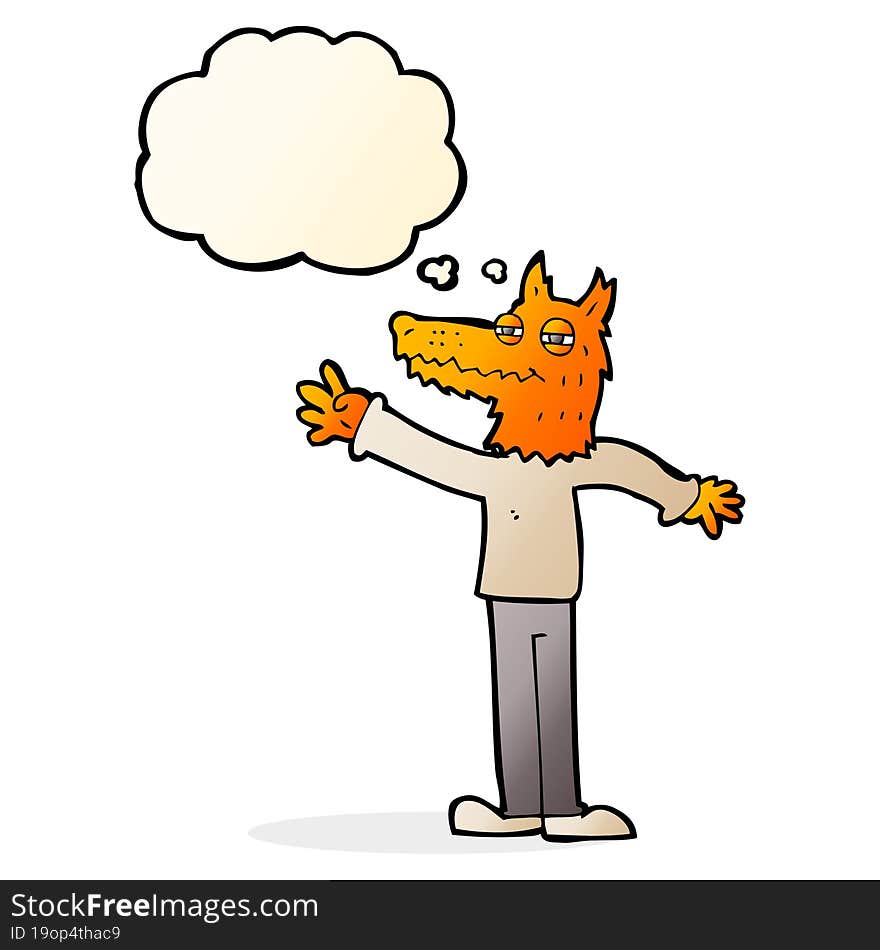 cartoon waving fox with thought bubble